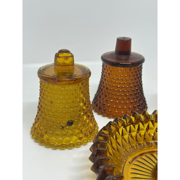 VTG Set of 4 Peg/Candle Holder Diamond Point Brown Amber Votive Cups Glass READ - Picture 3 of 10